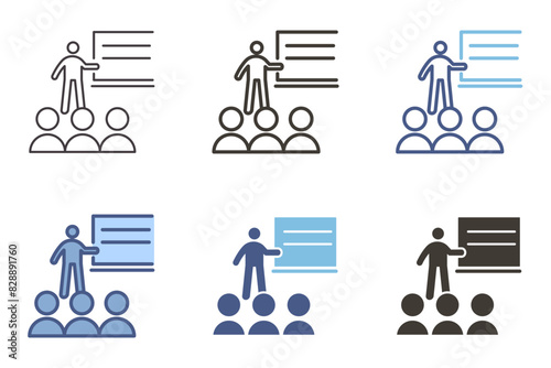 Teacher lecture in school icon. Classroom with students learning, education workshop vector graphic elements