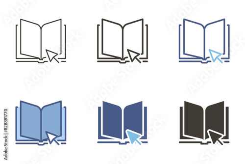 Open book with mouse pointer. Digital ebook, online education. learning tool vector graphic elements
