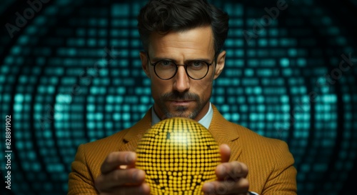 Serious Businessman with Yellow Object in Dark Blue Background
