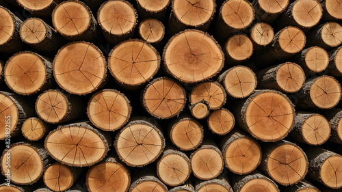 Photo of a pile of natural wooden logs. Stacks of lumber. Stack of hardwood logs. Deforestation  forest destruction.