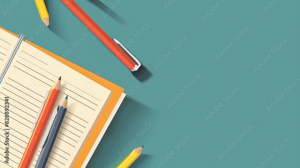 School stationary on background. Notebook, pens, pencils School stationary on background. Notebook, pens, pencils