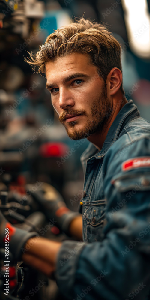 Automechaniker arbeitet in einer Autowerkstatt an einem Auto Automechaniker arbeitet in einer Autowerkstatt an einem Auto