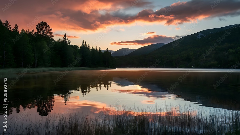 Tranquil mountain lake at sunset summer landscape