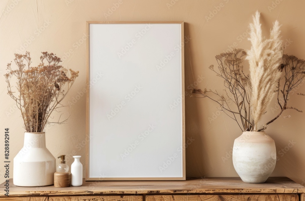 Fototapeta premium Blank Vertical Rectangle Mockup in Brown Cabinet Interior