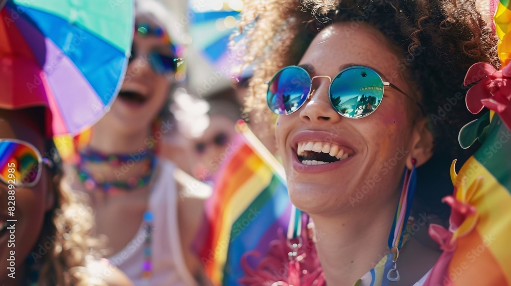 A diverse group of people, each wearing colorful rainbow accessories, gather together in a joyful parade. The scene is filled with smiling faces and lively energy, showcasing the spirit of unity and A diverse group of people, each wearing colorful rainbow accessories, gather together in a joyful parade. The scene is filled with smiling faces and lively energy, showcasing the spirit of unity and