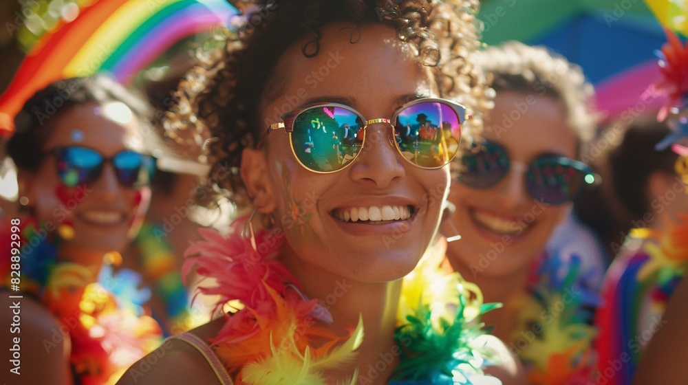 A diverse group of people, each wearing colorful rainbow accessories, gather together in a joyful parade. The scene is filled with smiling faces and lively energy, showcasing the spirit of unity and A diverse group of people, each wearing colorful rainbow accessories, gather together in a joyful parade. The scene is filled with smiling faces and lively energy, showcasing the spirit of unity and