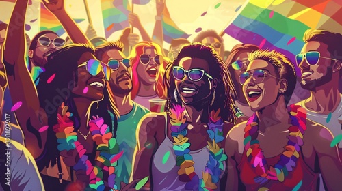 A diverse group of people  each wearing colorful rainbow accessories  gather together in a joyful parade. The scene is filled with smiling faces and lively energy  showcasing the spirit of unity and