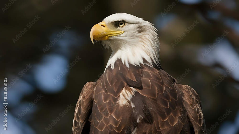 A bald eagle with an intense stare is perched on a branch. A bald eagle with an intense stare is perched on a branch.