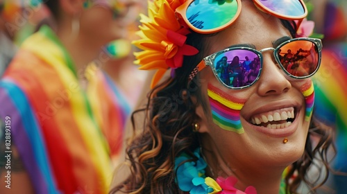 A diverse group of people, each wearing colorful rainbow accessories, gather together in a joyful parade. The scene is filled with smiling faces and lively energy, showcasing the spirit of unity and