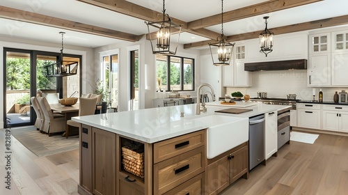 a beautiful traditional kitchen in new luxury home with hardwood floors  wood beams and large island quartz counters and farmhouse sink