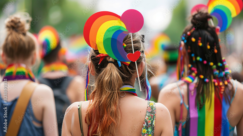 Back view three LGBT women with blured unfocused crowd people rainbow colors. Free gay walk city street. Culture festival Back view three LGBT women with blured unfocused crowd people rainbow colors. Free gay walk city street. Culture festival