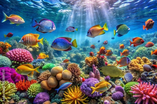  Tropical sea underwater fishes on coral reef. Aquarium oceanarium wildlife colorful marine panorama landscape nature snorkeling diving