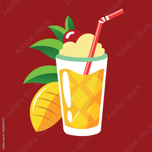 A glass full of refreshing pineapple juice with a cocktail straw, topped with pineapple fruit foam and a red tube, capturing the essence of a delicious pina colada.