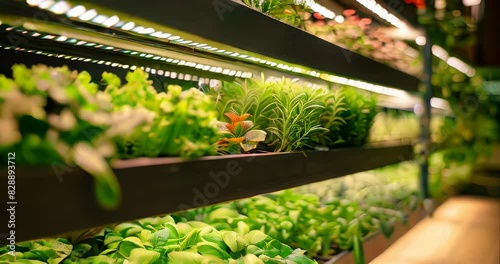 Inside a vertical farm, innovative LED lighting highlights sustainable agriculture practices and carbon footprint reduction. Sustainable carbon reduction photo