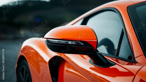 A close up of the side mirror of an orange sports car.