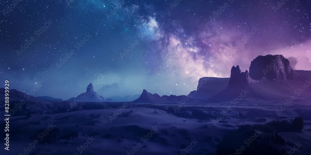 A breathtaking starry night sky over a desert landscape with majestic rock formations and a vibrant Milky Way