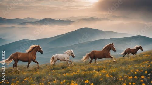  Nature landscape with wild horses. Wild horses in nature landscape. Mountain landscape. Mountain horses in nature ambient on a sunny day.