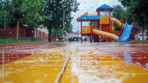 Raindrops on the children s playground. Selective focus  shallow depth of field.