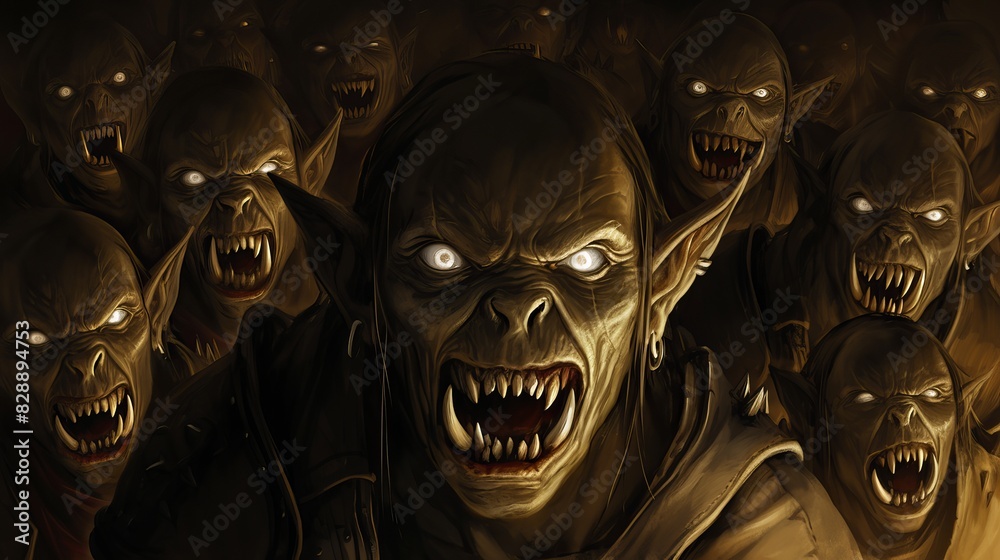 Terrifying illustration of a horde of menacing monsters with glowing eyes and sharp teeth, perfect for fantasy or horror themes. Terrifying illustration of a horde of menacing monsters with glowing eyes and sharp teeth, perfect for fantasy or horror themes.