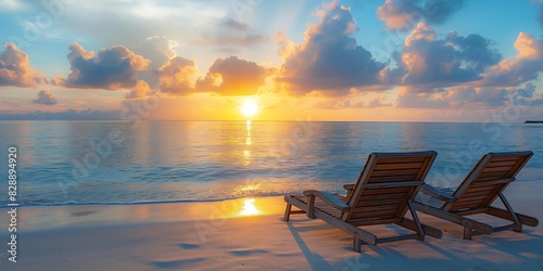 Two wooden lounge chairs facing a breathtaking sunset over the ocean  symbolizing relaxation and travel luxury