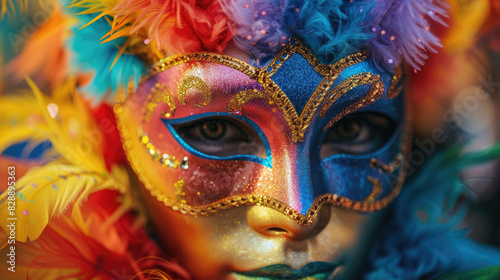 Colorful close-up portrait of a person wearing a vibrant and ornate masquerade mask adorned with feathers and intricate details.