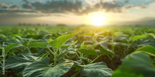 Sunny day in an agricultural plantation: Vibrant soybean field. Concept Agricultural Photography, Sunny Day, Vibrant Soybean Field, Farming Lifestyle, Outdoor Environment