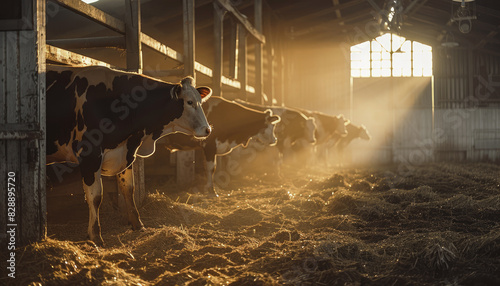 The cows standing in the stalls on a modern farm, livestock industry. Copy space. photo
