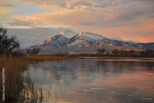 Paisaje natural con un lago y montaña nevada de fondo a la luz del atardecer. Generado con IA.