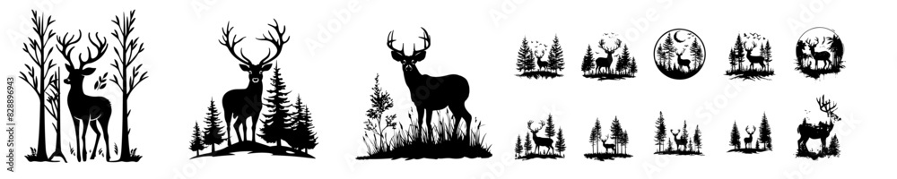 Deer Silhouettes in Forest Vector Set, Nature Inspired Logo Design Deer Silhouettes in Forest Vector Set, Nature Inspired Logo Design