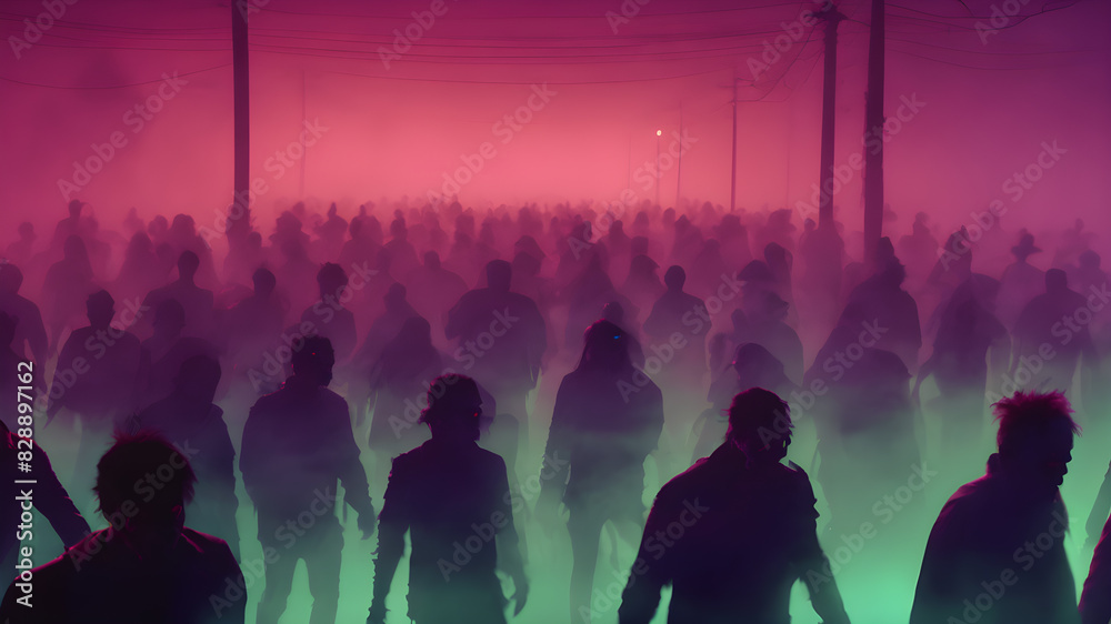Fototapeta premium zombie crowd walking at night, halloween concept. AI generated image, ai.