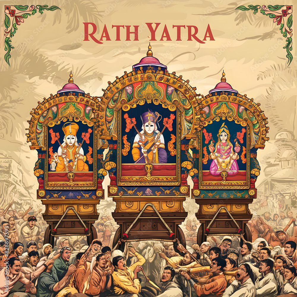 Illustration of Lord Jagannath Rath Yatra: Festival Celebration Background. Generative AI
