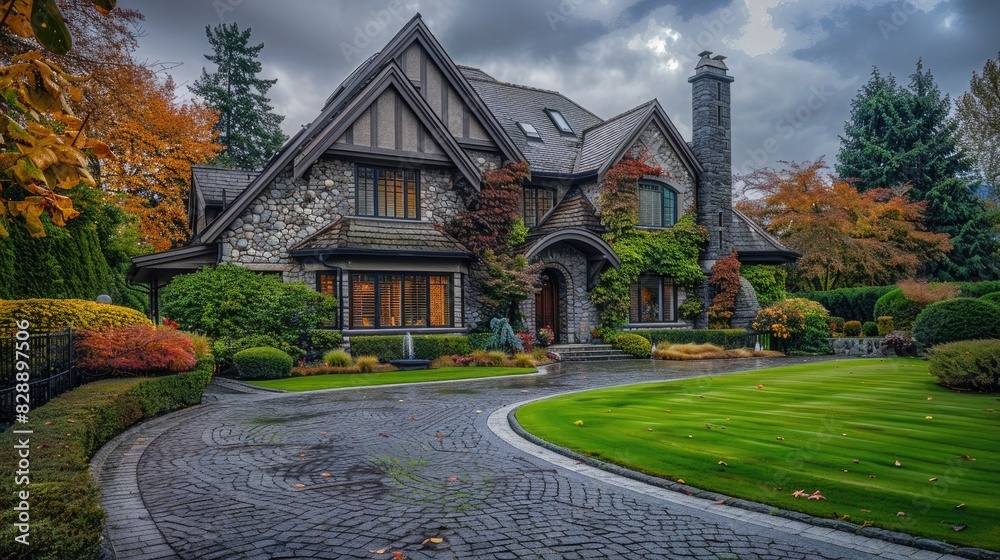 photo of a beautiful house with a driveway in Vancouver, British Columbia landscape and garden on a cloudy day, front view. The photo is