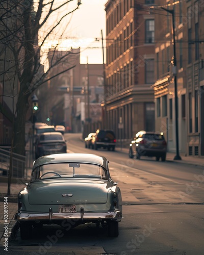 Vintage Classic Car in an Urban Setting at Sunset © Edd