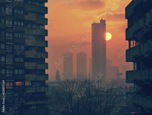 Urban sunrise with tall buildings and a golden sun breaking through the hazy morning sky  casting a warm glow over the cityscape