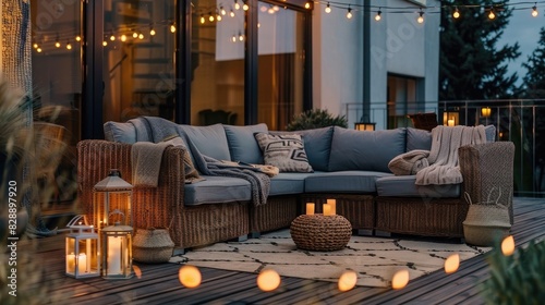 photo of a cozy terrace with a modern wicker sofa, lamp and lanterns on a wooden floor at night, exterior background with string lights and a grey couch.