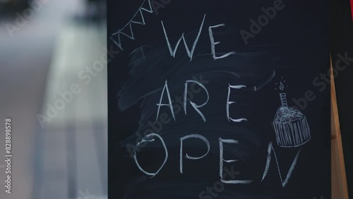 A chalkboard sign announces business opening with a handdrawn message on a city street photo