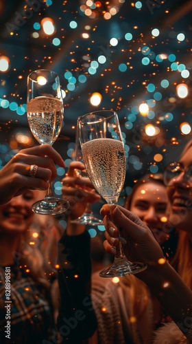 Cheerful group of friends celebrating a new years party by raising wine glasses in a toast