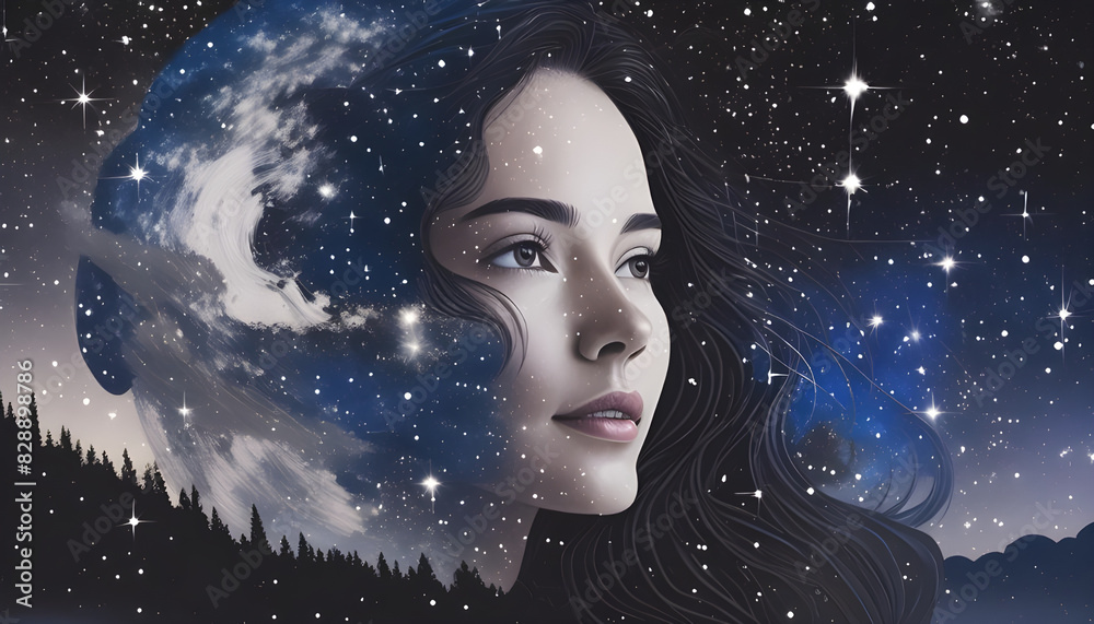 Woman face with double exposure, space and stars; illustration; drawing Woman face with double exposure, space and stars; illustration; drawing