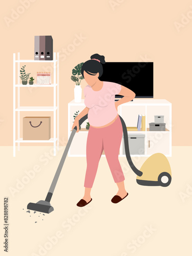 Pregnant woman vacuuming house using vacuum cleaner.