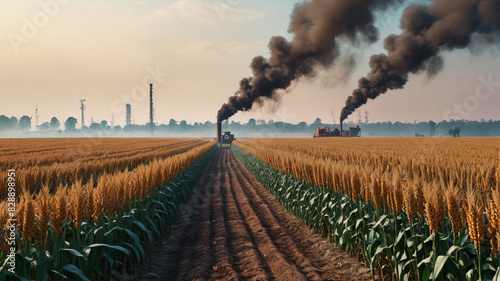 A corn field with smoke rising from it, suitable for environmental themes. Generative AI.