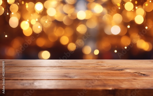 Empty wooden table with blurred studio with christmas tree string light blur background