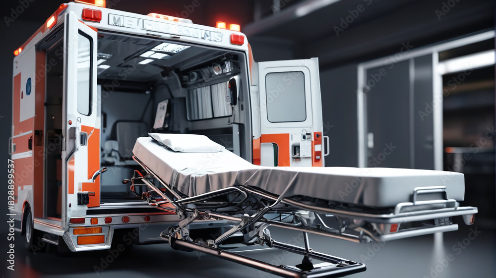 A medical ambulance with an empty bed inside, suitable for healthcare and emergency services concepts. Generative AI. A medical ambulance with an empty bed inside, suitable for healthcare and emergency services concepts. Generative AI.