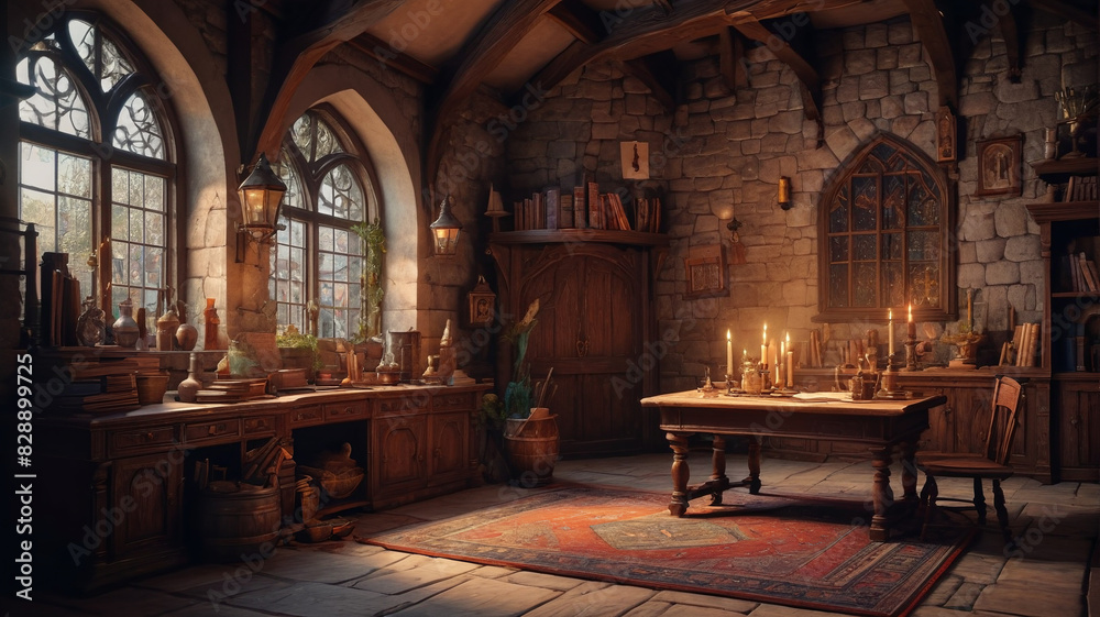 Magic wizard school room set in a medieval house, depicted in a cartoon background. Generative AI.