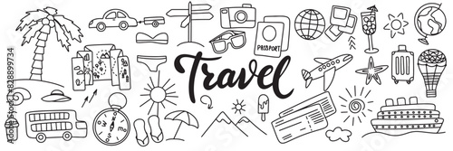 Collection of travel icons in doodle style. Travel icons set. Hand drawn vector art.