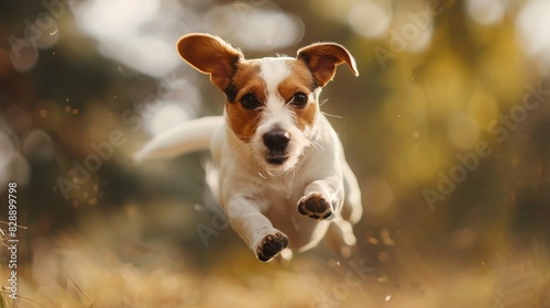 Funny dog flying. Dog jump. Copy space