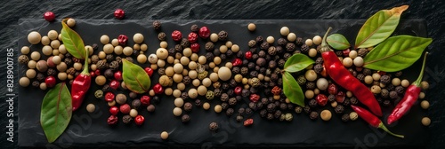 Verschiedene Pfefferkörner auf schwarzer Schieferplatte