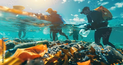 Volunteers in an ocean cleanup initiative collect plastic waste, highlighting efforts to reduce marine pollution. Perfect for environmental and conservation projects. Sustainable carbon reduction photo