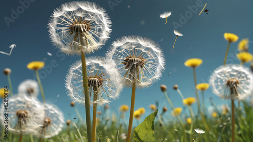 A bunch of dandelions blowing in the wind  suitable for nature concepts. Generative AI.
