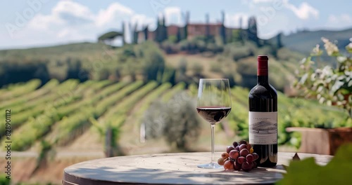 Enjoying Tuscany with a bottle and glass of red wine on a vineyard table