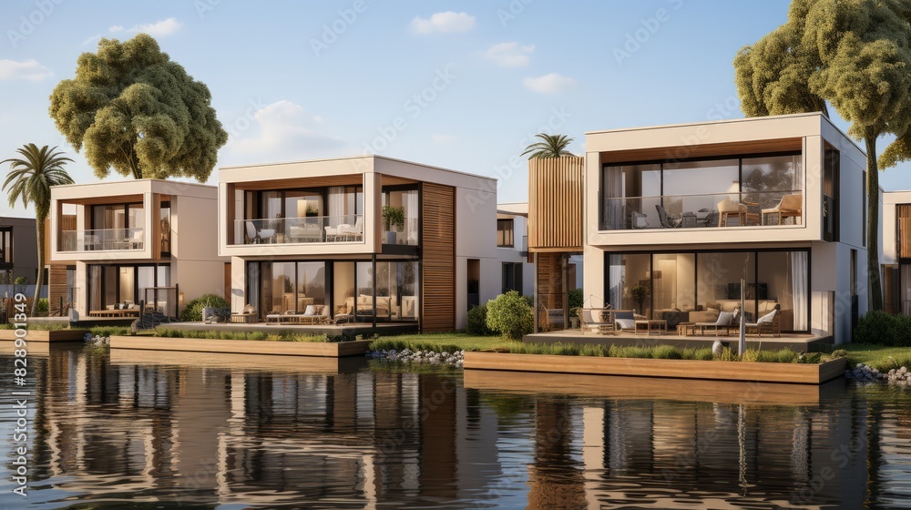 Fototapeta premium Tranquil Waterfront Houses with Outdoor Living Space